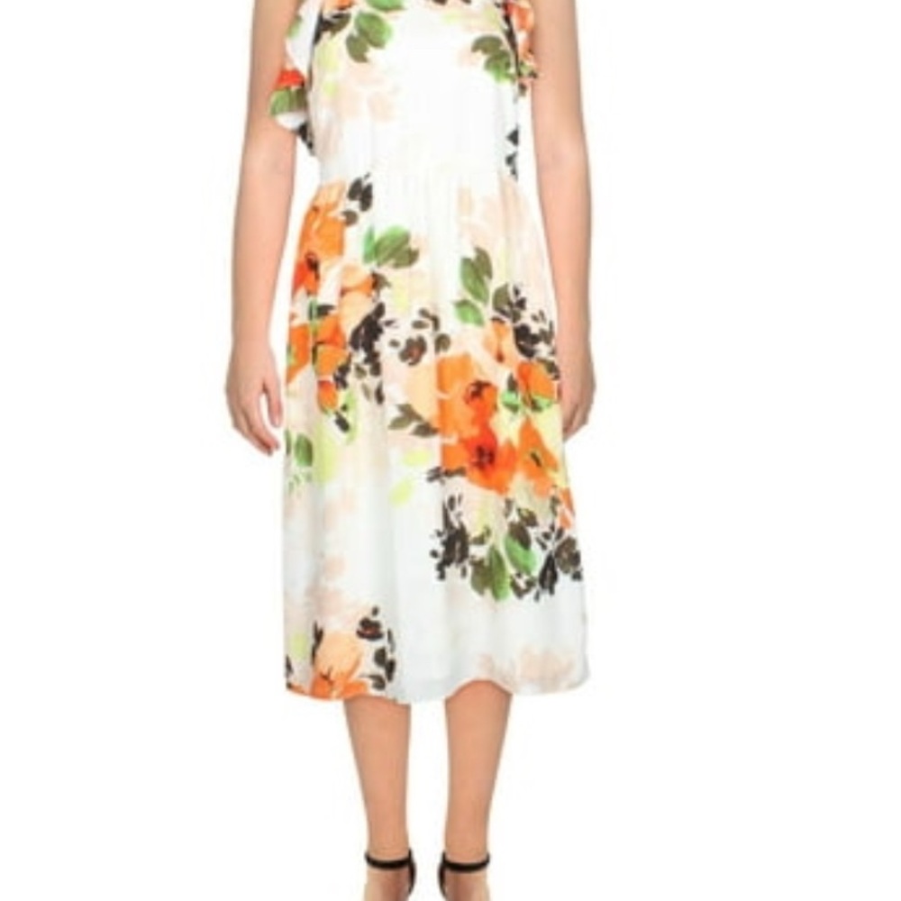 Nicole Miller Women s Floral Midi w/ Lace Trim Orange and Green Midi Dress - Picture 4 of 5